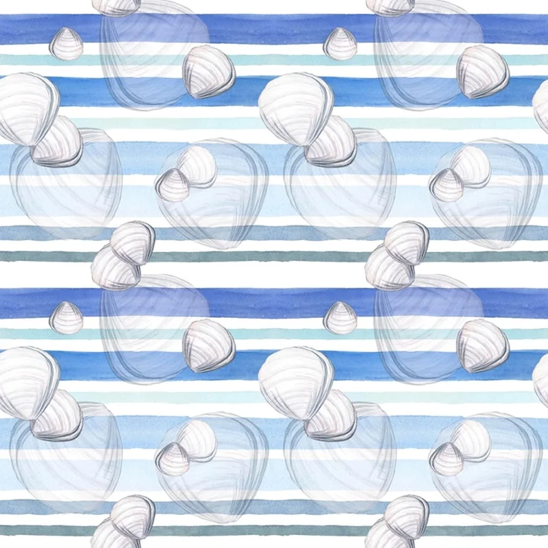 Akwarela bezszwowe wzory muszli i pasków w stylu marynistycznym
