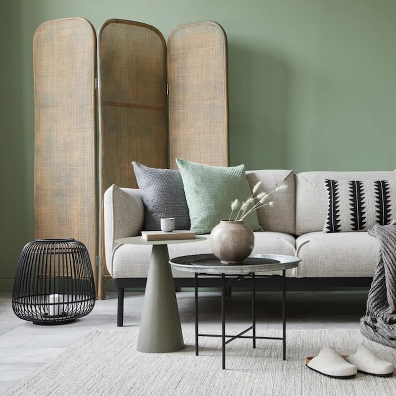 Elegancki wystrój salonu z szarą sofą, drewnianą komodą i zieloną ścianą eukaliptusa