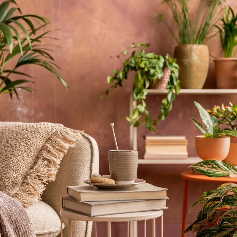 Stylowy salon z roślinami, beżową sofą, stolikiem kawowym i dodatkami na brązowym tle