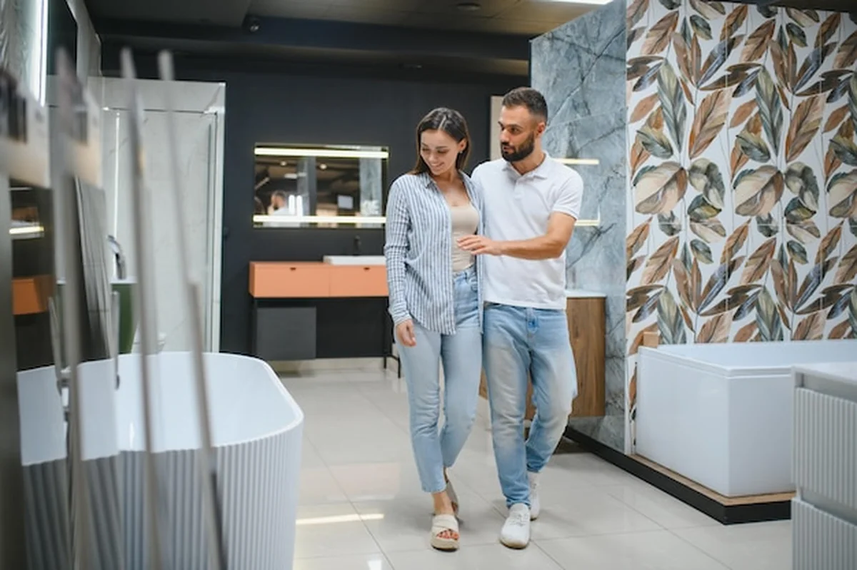 Młoda para wybierająca meble do łazienki w sklepie hydraulicznym