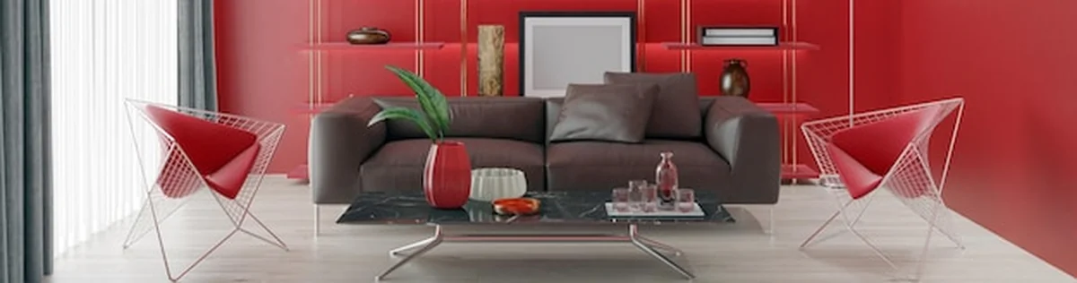 Nowoczesny salon z sofami, fotelami, oknami, dywanami, stolikami kawowymi, zasłonami i półkami na książki