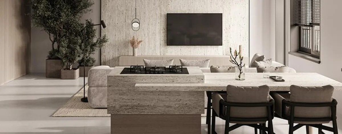 Przestronna kuchnia z elegancką kamienną wyspą