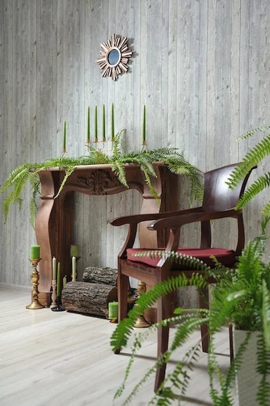 Rośliny w doniczkach na stole przy ścianie