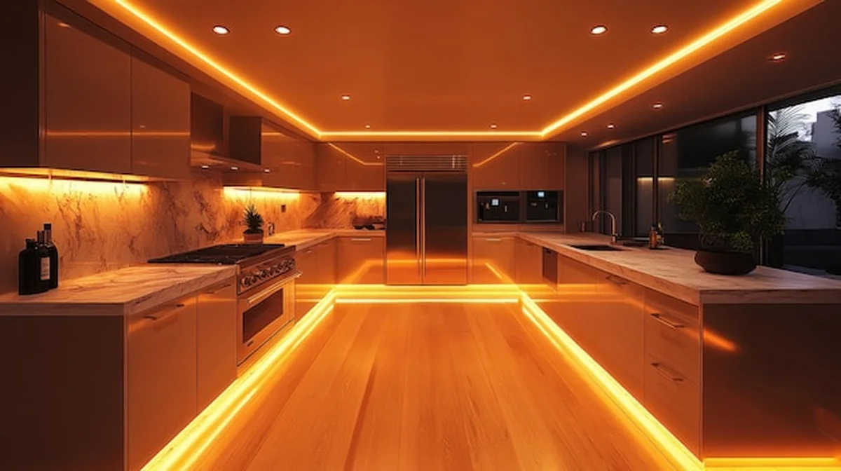 Nowoczesna kuchnia z eleganckim oświetleniem i konstrukcją