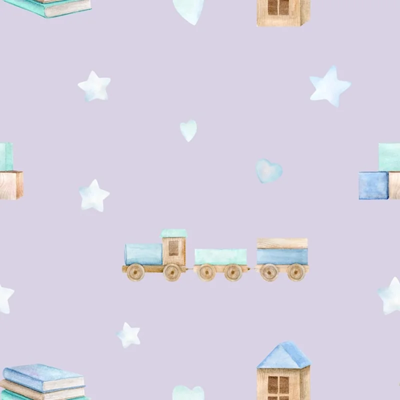 Akwarela dziecko bezszwowe wzór z zabawkami drewniany pociąg dom chmury i gwiazdy
